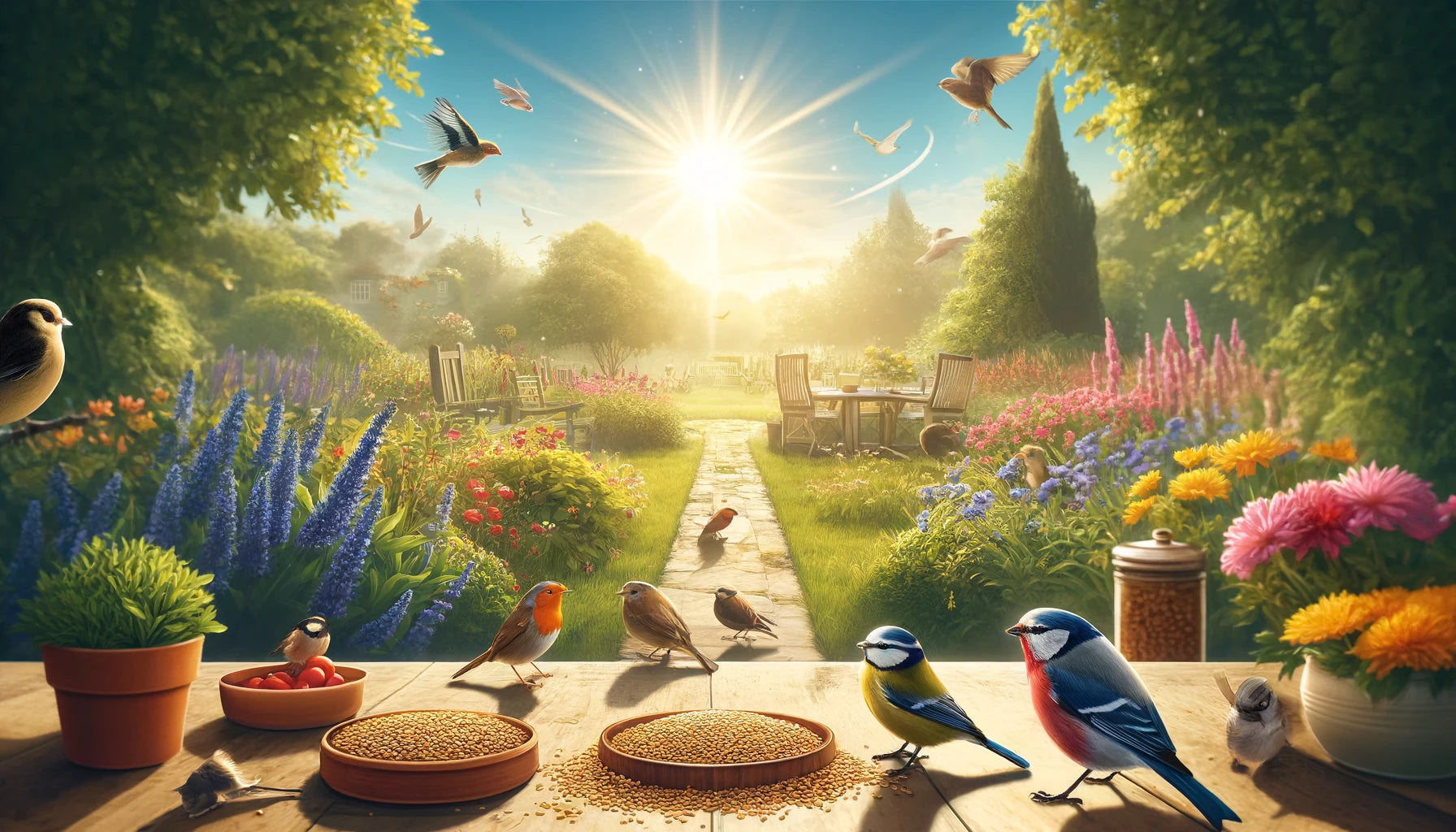 Birds in a sunny garden eating bird food