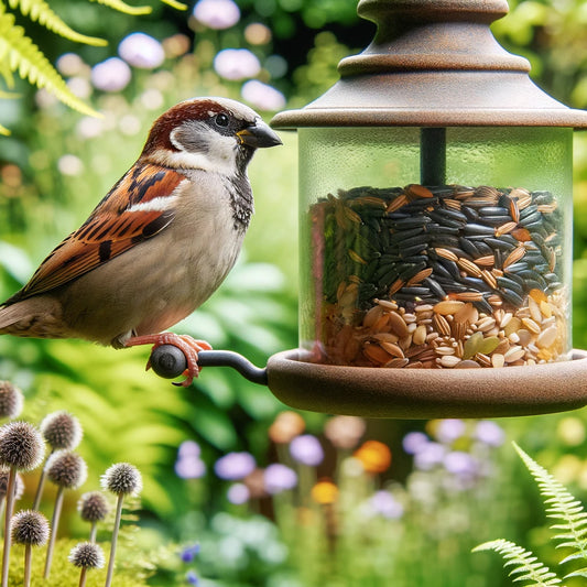 House sparrow eating bird food