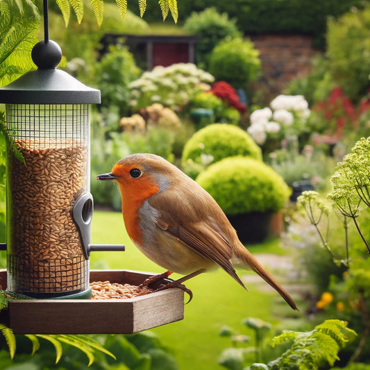 Robin eating bird food